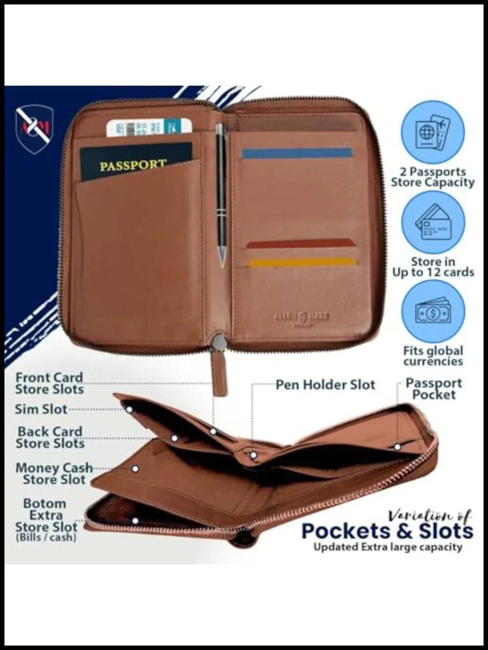 100% Leather RFID Blocking Passport Holder Travel Wallet Organizer